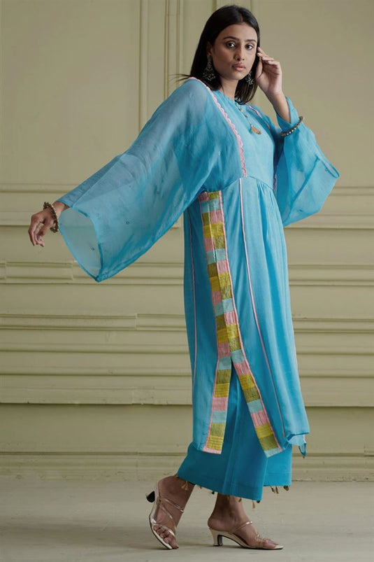 Exclusive Blue Color Georgette And Net Fabric Hand Embroidered Stunning Readymade Kurta Palazzo Set