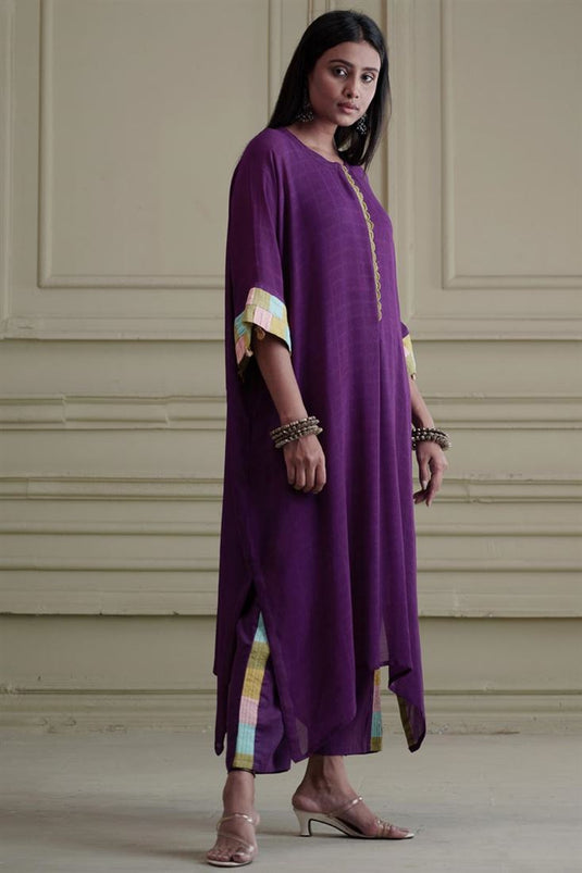 Exclusive Purple Color Georgette And Net Fabric Hand Embroidered Lovely Readymade Kaftaan Set