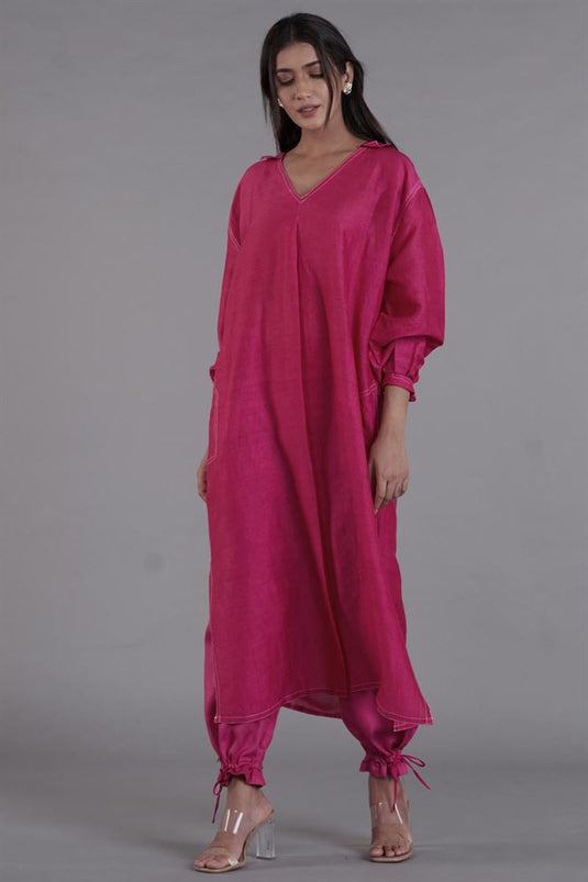 Exclusive Pink Color Linen Fabric Readymade Kurti With Palazzo