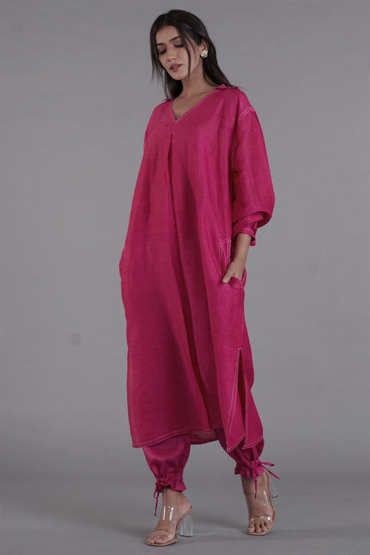 Exclusive Pink Color Linen Fabric Readymade Kurti With Palazzo