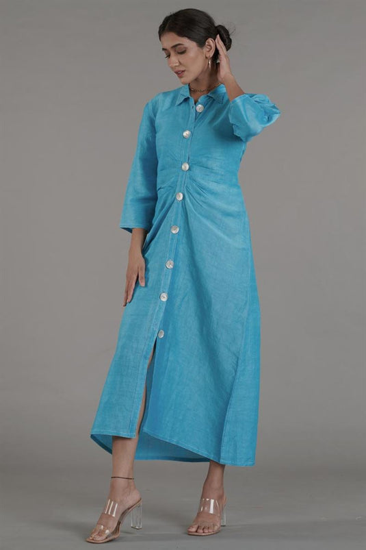 Exclusive Cyan Color Linen Fabric Readymade Maxi Dress