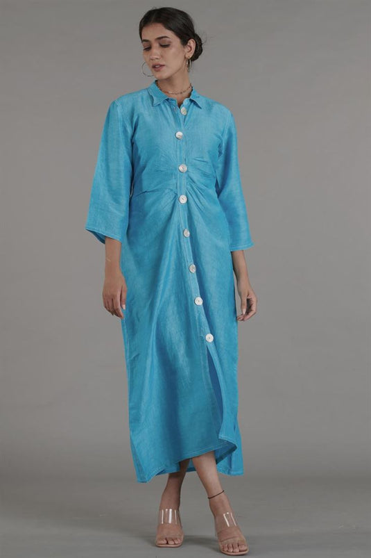 Exclusive Cyan Color Linen Fabric Readymade Maxi Dress