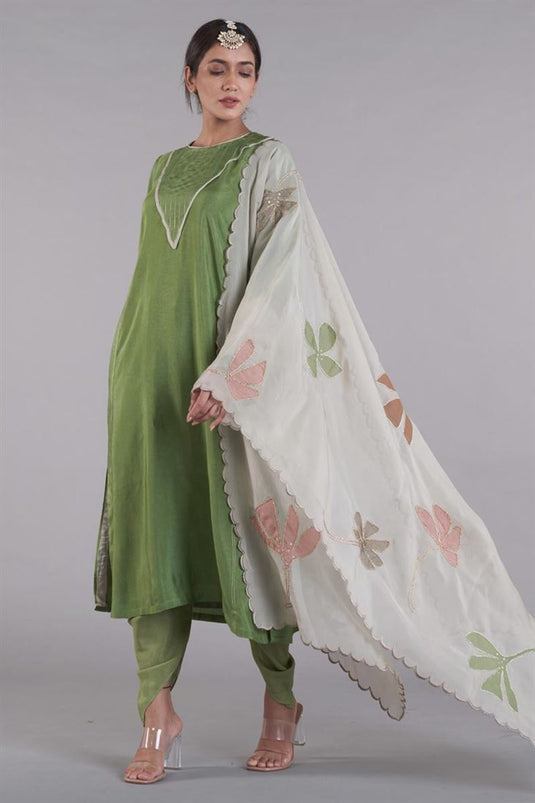 Exclusive Green Color Silk Fabric Hand Embroidered Fascinate Readymade Dhoti Set