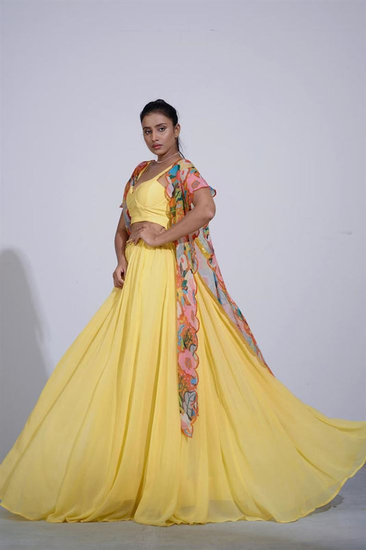 Exclusive Yellow Color Georgette Fabric Hand Embroidered Wedding Wear Readymade Lehenga Choli