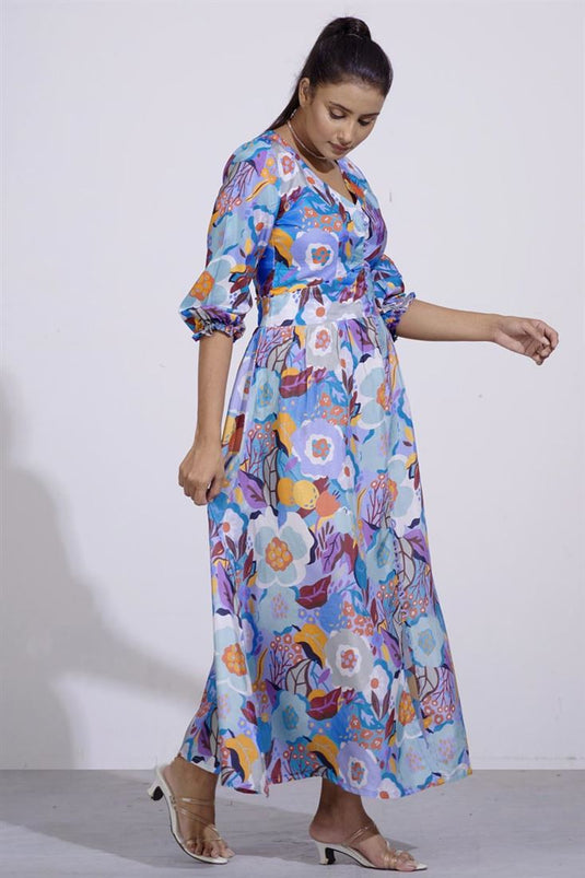 Exclusive Blue Color Silk Fabric Attractive Readymade Maxi Dress