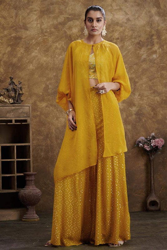 Exclusive Yellow Color Hand Embroidered Party Wear Readymade Sharara Set With Jacket