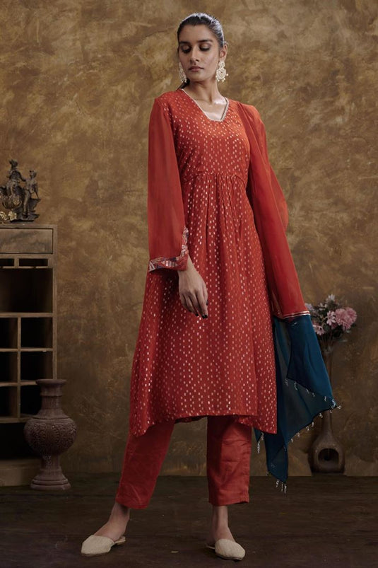 Exclusive Rust Color Georgette Jacquard Fabric Majestic Readymade Kurta Set