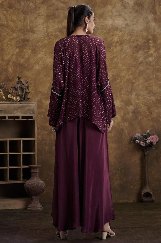 Exclusive Wine Color Georgette Jacquard Fabric Fascinate Readymade Top With Flared Pants