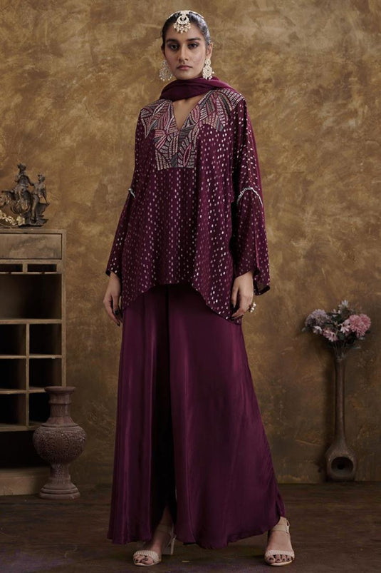 Exclusive Wine Color Georgette Jacquard Fabric Fascinate Readymade Top With Flared Pants