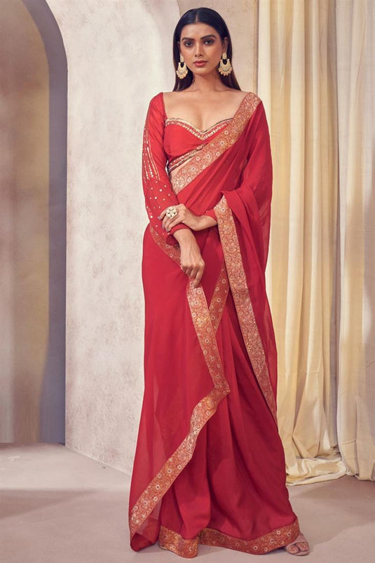 Exclusive Red Color Organza Fabric Hand Embroidered Party Wear Readymade Saree