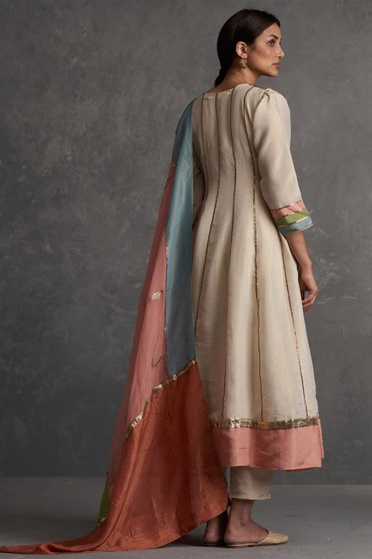 Exclusive Beige Color Silk Fabric Hand Embroidered Wedding Wear Pretty Readymade Anarkali Set