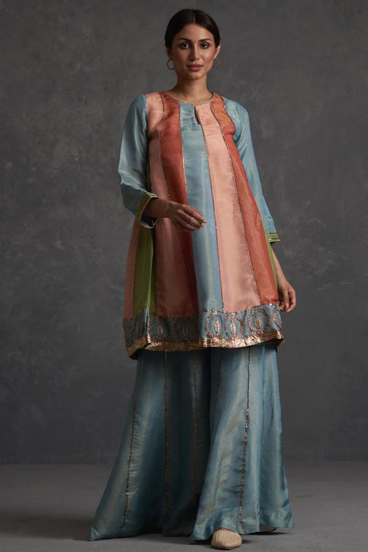 Exclusive Multi Color Silk Fabric Hand Embroidered Reception Wear Beautiful Readymade Sharara Set