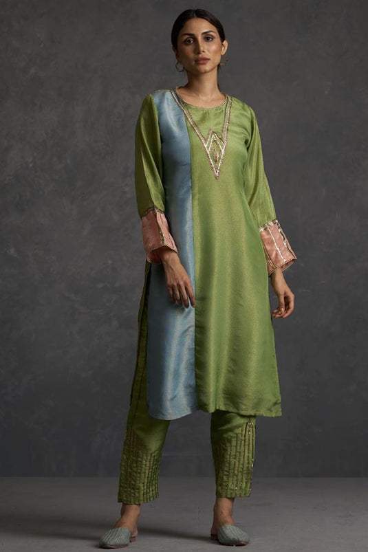 Exclusive Green Color Silk Fabric Hand Embroidered Attractive Readymade Straight Cut Kurta