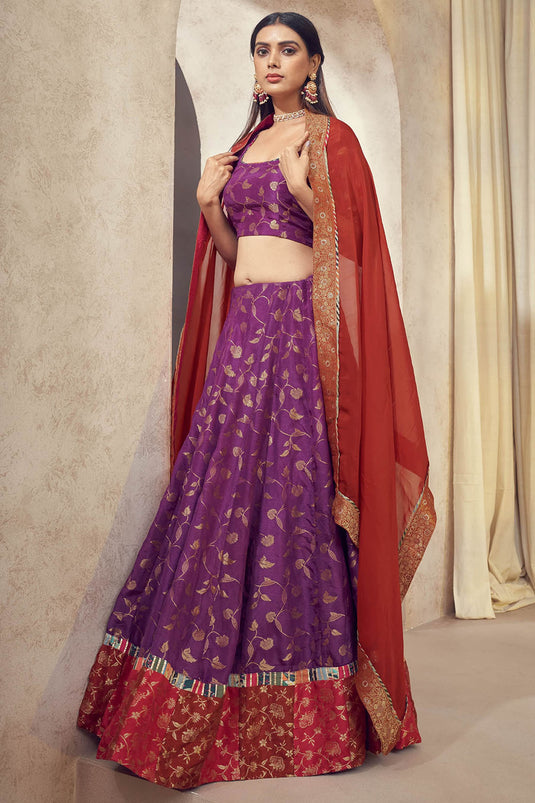 Exclusive Purple Color Dola Silk Jacquard Fabric Weaving Jacquard Readymade Designer Lehenga Choli