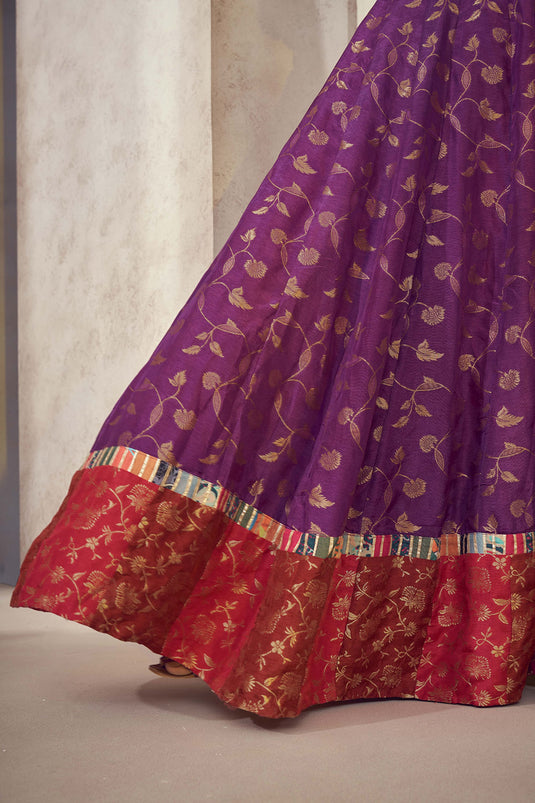 Exclusive Purple Color Dola Silk Jacquard Fabric Weaving Jacquard Readymade Designer Lehenga Choli