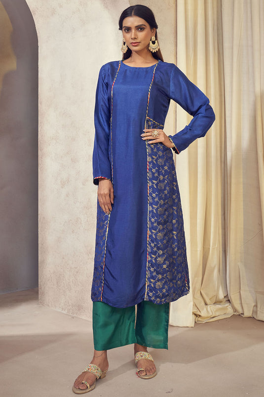 Exclusive Blue Color Dola Silk Jacquard Fabric Weaving Jacquard Readymade Banarasi Kurta Set