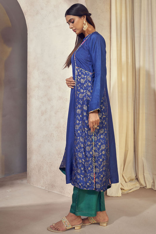 Exclusive Blue Color Dola Silk Jacquard Fabric Weaving Jacquard Readymade Banarasi Kurta Set