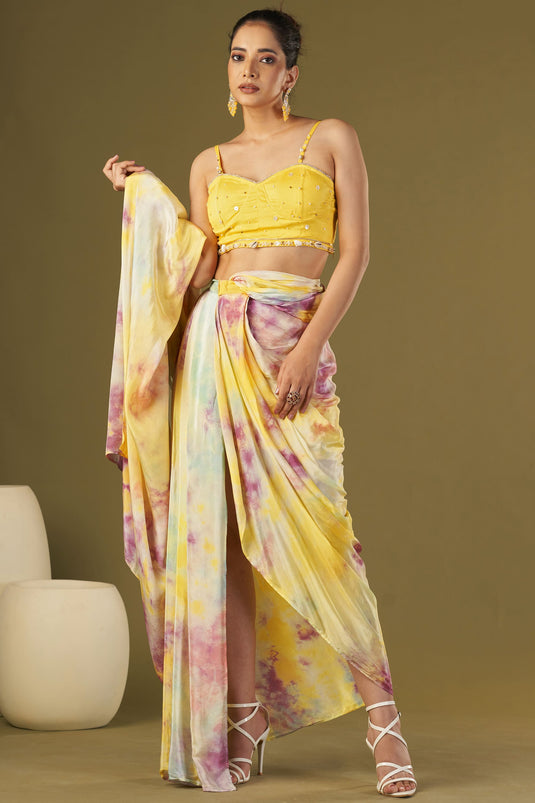 Exclusive Yellow Color Viscose Crepe Fabric Embroidered Work Party Wear Designer Readymade Pre Draped Saree