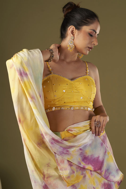 Exclusive Yellow Color Viscose Crepe Fabric Embroidered Work Party Wear Designer Readymade Pre Draped Saree