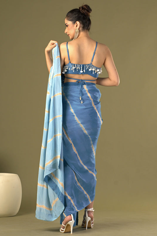 Exclusive Blue Color Viscose Crepe Fabric Embroidered Work Party Wear Designer Readymade Pre Draped Saree