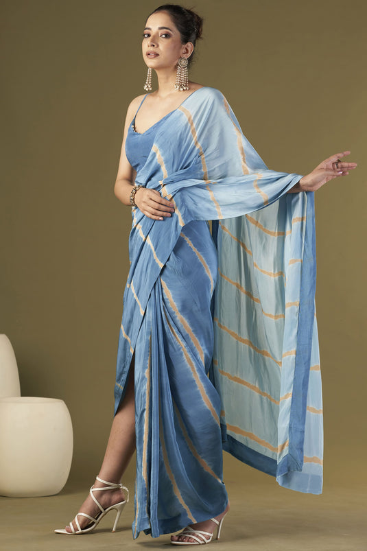 Exclusive Blue Color Viscose Crepe Fabric Embroidered Work Party Wear Designer Readymade Pre Draped Saree