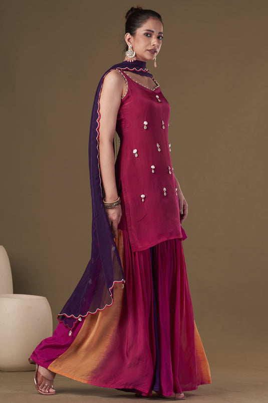 Exclusive Pink Color Viscose Crepe Fabric Embroidered Work Party Wear Designer Readymade Sharara Kurta Set