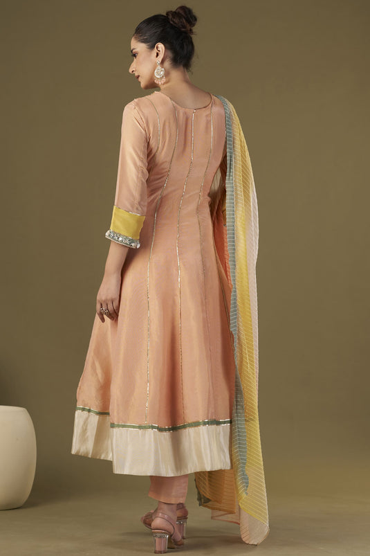 Exclusive Peach Color Tissue Silk Fabric Embroidered Work Party Wear Designer Readymade Anarkali Style Kurta Set