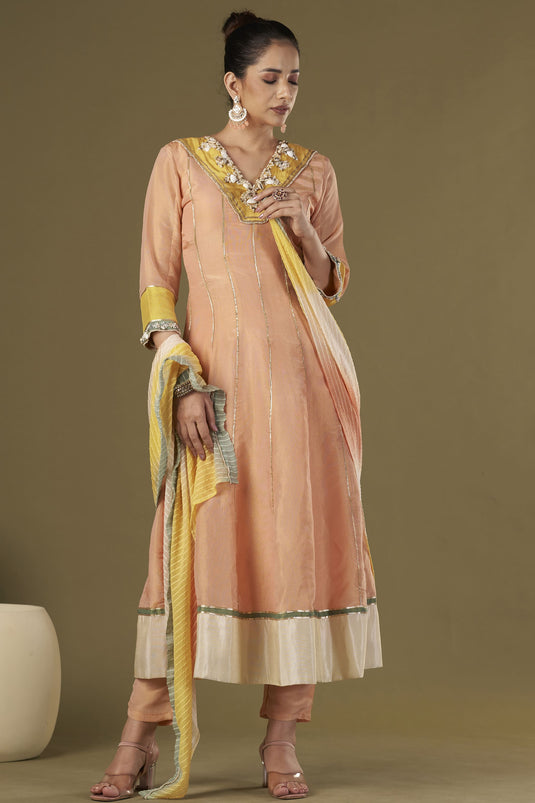 Exclusive Peach Color Tissue Silk Fabric Embroidered Work Party Wear Designer Readymade Anarkali Style Kurta Set