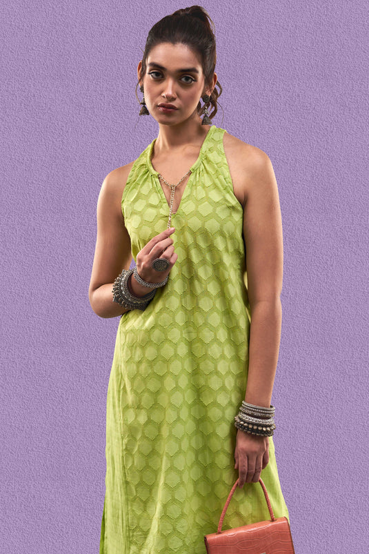 Exclusive Green Color Cotton Jacquard Fabric Party Wear Designer Readymade Fusion Kurta Set