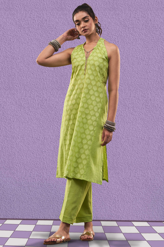 Exclusive Green Color Cotton Jacquard Fabric Party Wear Designer Readymade Fusion Kurta Set