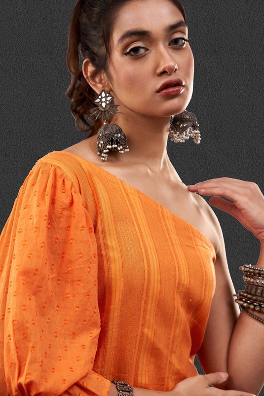 Exclusive Orange Color Cotton Jacquard Fabric Party Wear Designer Readymade Fusion Kurta Set