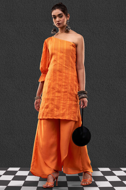 Exclusive Orange Color Cotton Jacquard Fabric Party Wear Designer Readymade Fusion Kurta Set