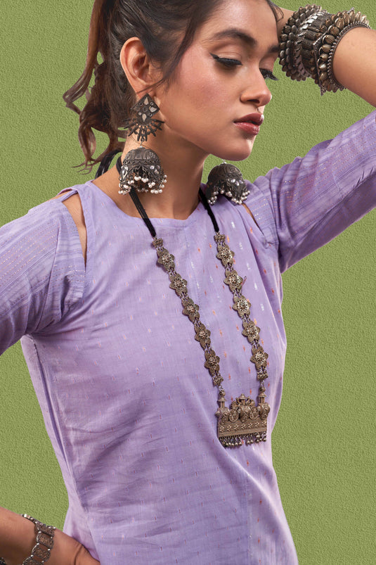 Exclusive Lavender Color Cotton Jacquard Fabric Party Wear Designer Readymade Fusion Kurta Set