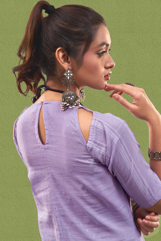 Exclusive Lavender Color Cotton Jacquard Fabric Party Wear Designer Readymade Fusion Kurta Set