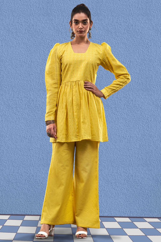 Exclusive Yellow Color Cotton Jacquard Fabric Party Wear Designer Readymade Fusion Kurta Set