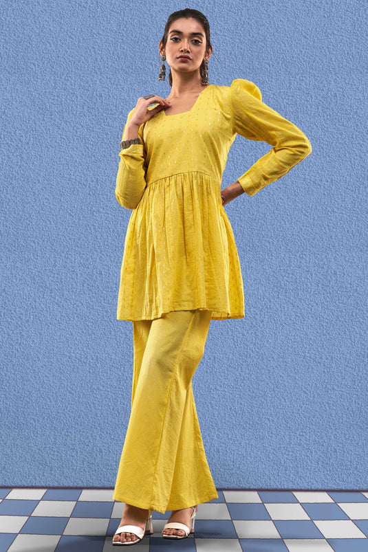 Exclusive Yellow Color Cotton Jacquard Fabric Party Wear Designer Readymade Fusion Kurta Set