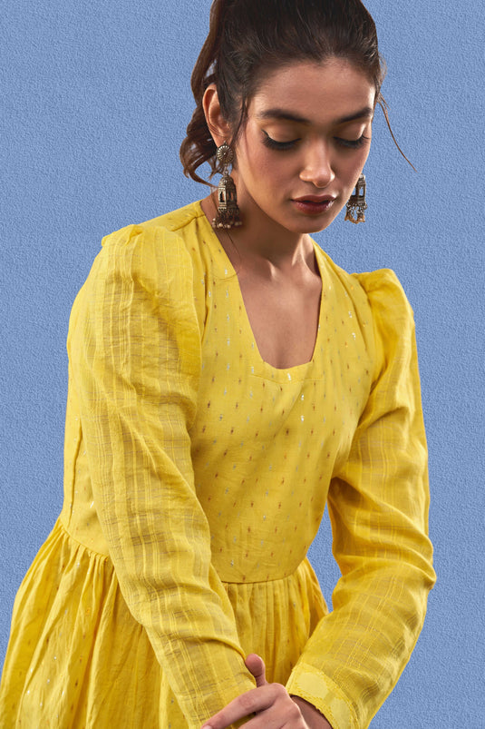 Exclusive Yellow Color Cotton Jacquard Fabric Party Wear Designer Readymade Fusion Kurta Set