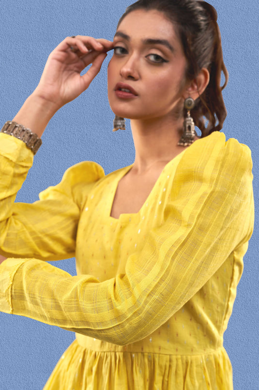 Exclusive Yellow Color Cotton Jacquard Fabric Party Wear Designer Readymade Fusion Kurta Set