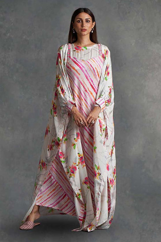 Exclusive Pink Color Crepe Printed Function Wear Trendy Dress With Cape Set