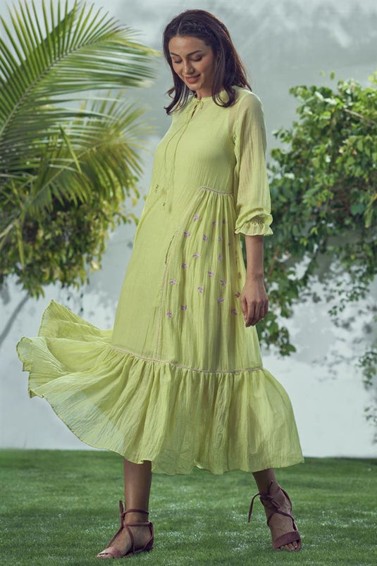 Exclusive Green Color Mal Cotton Fabric Readymade Midi Dress