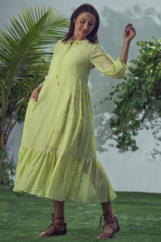 Exclusive Green Color Mal Cotton Fabric Readymade Midi Dress