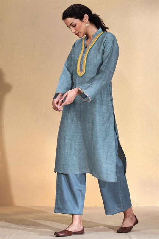 Exclusive Grey Color Viscose Linen Fabric Readymade Kurta Set