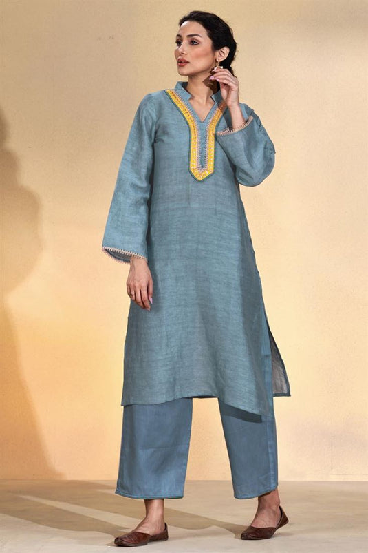 Exclusive Grey Color Viscose Linen Fabric Readymade Kurta Set