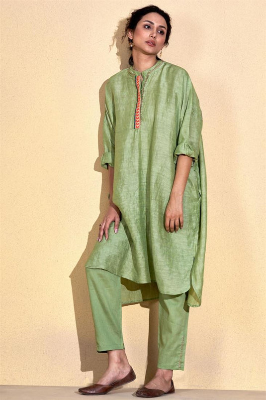 Exclusive Sea Green Color Viscose Linen Fabric Readymade Kurta Set