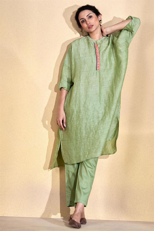 Exclusive Sea Green Color Viscose Linen Fabric Readymade Kurta Set