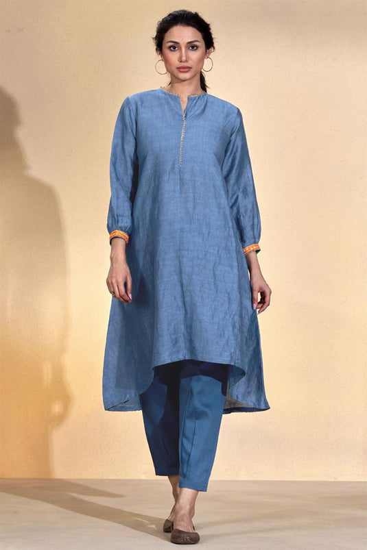 Exclusive Blue Color Viscose Linen Fabric Readymade Kurta Set