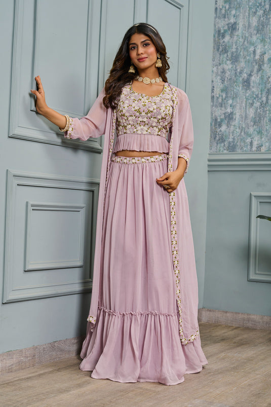 Dazzling Sequins Work On Lavender Color Readymade Lehenga In Georgette Fabric