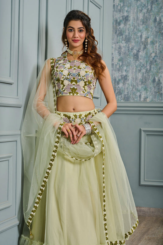 Radiant Sequins Work On Sea Green Color Net Fabric Readymade Lehenga