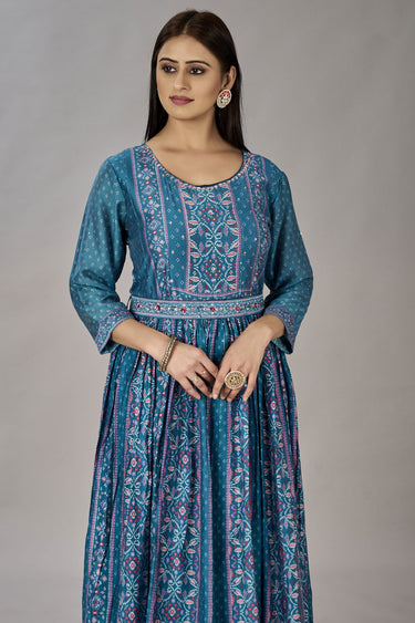Contemporary Teal Color Art silk Fabric Readymade Gown With Embroidered Work
