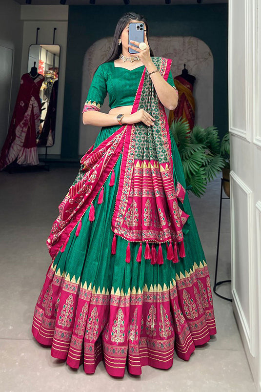 Engaging Green Color Art Silk Fabric Lehenga Choli With Foil Printed Work